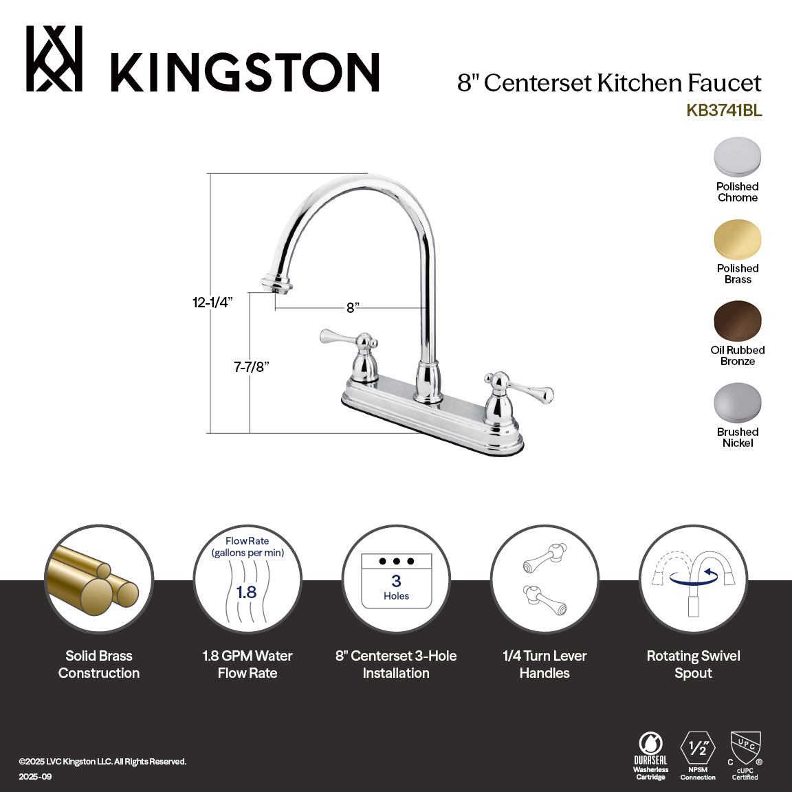Kingston Tulare KB3742BLTwo-Handle 3-Hole 8" Centerset Kitchen Faucet, Polished Brass — thumbnail 2